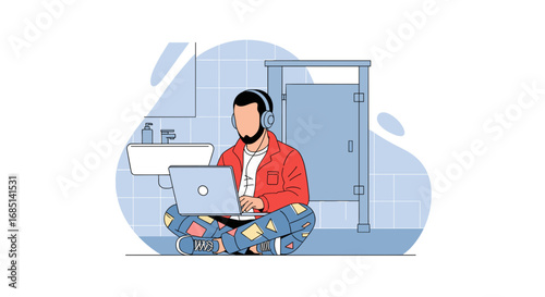A focused man with headphones works on his laptop in an unexpected public restroom setting, illustrating remote work flexibility or finding quiet focus.