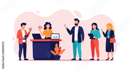 Diverse business team collaborating in a modern office, utilizing technology for communication, analytics, and digital marketing strategies. Professional workflow.
