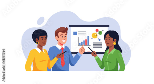 Professional diverse business team actively collaborating during a presentation, analyzing data charts and graphs. Perfect for illustrating teamwork, strategy, and successful corporate communication.