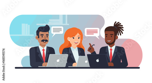 Diverse business team collaborating on laptops, discussing strategy and ideas in a professional office setting.