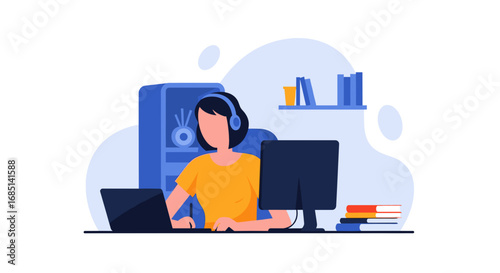 Focused woman in headphones working remotely on laptop and desktop, ideal for online learning, customer support, or virtual assistant concepts.