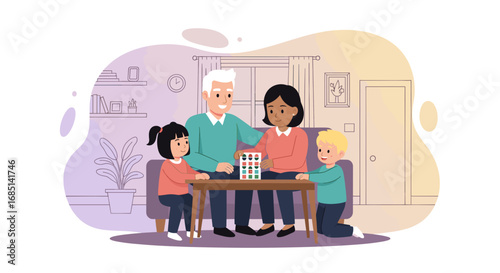 A happy diverse family enjoys playing a colorful board game together at home, fostering connection and quality time. Ideal for lifestyle, education, and family bonding concepts.