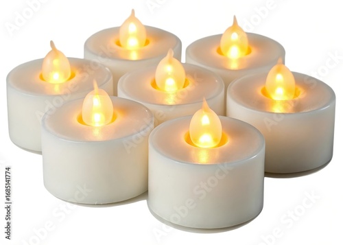 A group of seven white led tea lights with a warm yellow glow on a white background in a studio shot
