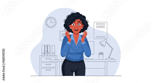 Stressed businesswoman reacts to overwhelming work pressure or unexpected bad news in a busy office setting, facing a deadline.