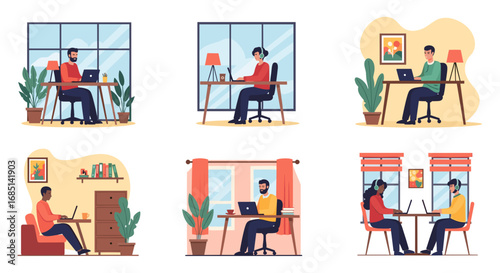 Diverse individuals diligently working on laptops in various comfortable home and office settings, illustrating remote work, flexible hours, and modern productivity.