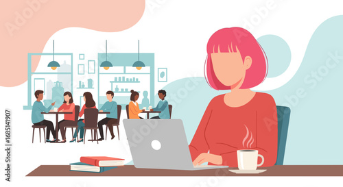 Woman with pink hair working remotely on laptop at a cafe with coffee, showcasing modern productivity and flexible work lifestyle.