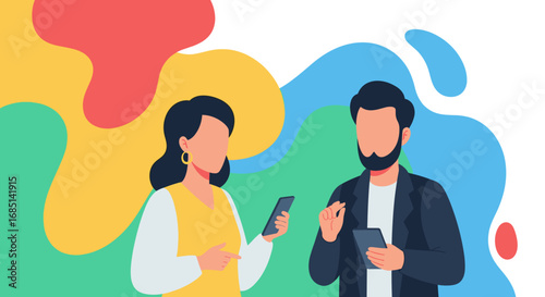 Two individuals engaged with smartphones, representing modern digital communication, social networking, or technology in vibrant business and lifestyle contexts.