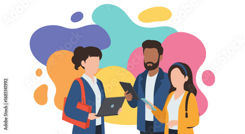 Diverse professionals collaborate and communicate using laptops, tablets, and smartphones, representing modern business and digital teamwork.