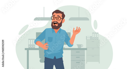 Stressed businessman looking shocked and overwhelmed in his office. Depicts workplace challenges, frustration, or unexpected news, ideal for business and emotional themes.