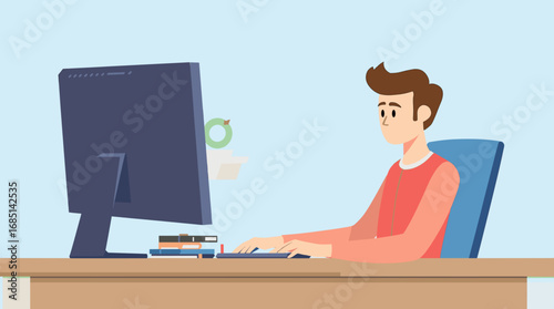 A focused man works diligently on his computer at a desk, surrounded by books. Ideal for concepts of remote work, online learning, productivity, or digital business.