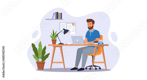 Bearded man working remotely on a laptop at a home office desk, surrounded by books and plants. Represents productivity, online learning, and modern freelance lifestyle.