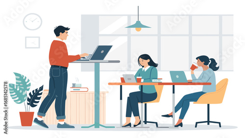 Three diverse professionals focused on their laptops in a bright, modern office, showcasing productivity and collaboration in a contemporary work environment.