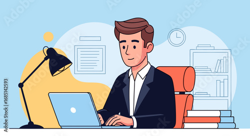 Professional man working diligently on a laptop at his desk in a modern office. Ideal for business, remote work, education, and digital productivity concepts.
