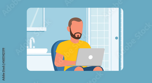 Man working remotely on a laptop at home, embracing a flexible lifestyle. Ideal for business, technology, or work-life balance concepts.