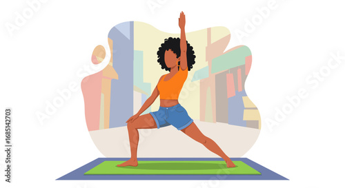 Young woman practicing yoga warrior pose on a mat, promoting wellness, fitness, and a balanced lifestyle. Ideal for health, exercise, and mindfulness.