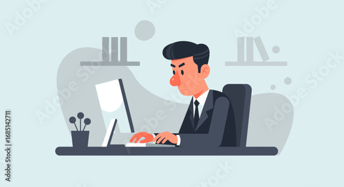 Stressed businessman working intently on a computer in a corporate office. Illustrates work pressure, frustration, and overwork in a business setting.
