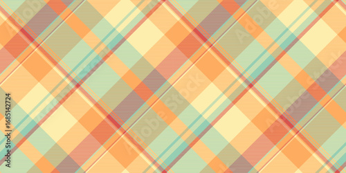Vibrant diagonal plaid pattern in pastel orange, peach, mint, and taupe. Perfect for textile design, website backgrounds, or autumnal themed projects.
