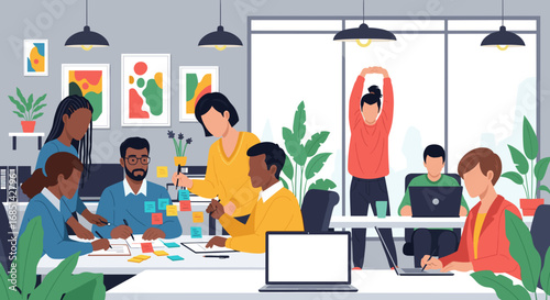 Diverse professionals collaborate and work in a modern, dynamic office. Highlighting teamwork, productivity, and a positive corporate environment for business concepts.