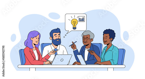 Professional diverse business team brainstorms new ideas, fostering innovation and strategy for successful project development and growth.