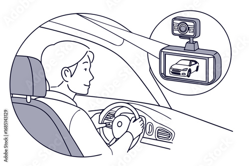 Vector illustration of driver inside car with dashboard camera recording