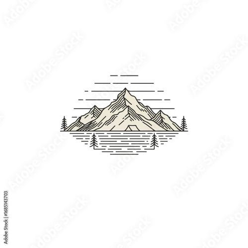 Serene mountain landscape reflected in still water, minimalist line art design.