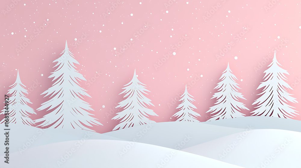 Obraz premium A whimsical winter wonderland scene with stylized paper trees dusted with snow and falling snowflakes against a soft pink background