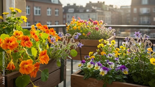 Wallpaper Mural Vibrant Flower Boxes on a Sunny Balcony in Spring Torontodigital.ca