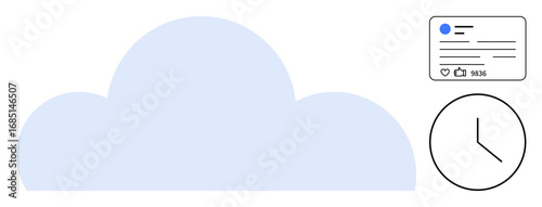 Large blue cloud with a social media post and clock symbolizing cloud storage, data sharing, and time. Ideal for teamwork, social media, time tracking, technology, communication, scheduling simple