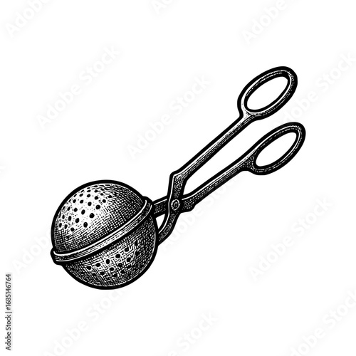 Vintage tea strainer infuser with detailed etching, perfect for kitchen or beverage illustrations.
