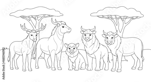 Minimalist Anime Style Safari Animals Wildlife Coloring Page Kids Educational Fun