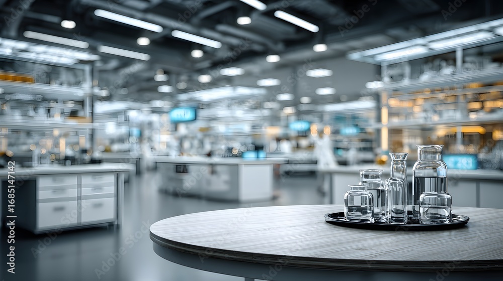Fototapeta premium Photorealistic product mockup setting, featuring a clean white table in sharp focus in the foreground, against a brightly lit but heavily blurred modern lab.