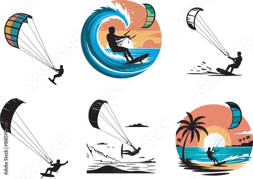 Kitesurfing Silhouette Vector Illustration Graphic Design Art Collection