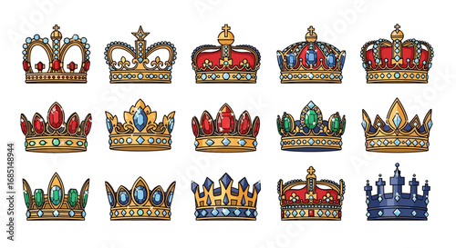Colorful Crown and Royal Regalia Set with Jeweled Designs Vector Illustration