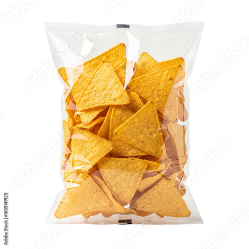 Photo of a clear plastic bag filled with corn tortilla chips, isolated on transparent background