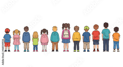 Children Standing in Line with Diverse Ethnicities and Vector Illustration
