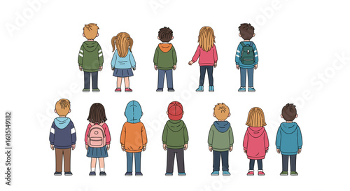 rear view of children in Colorful Clothing and Outfits Style
