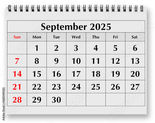 Page of annual monthly calendar - month september 2025