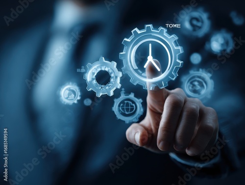 Productivity and Automation in Business Technology Interface. Businessman touching virtual gears with AI and time icons, representing strategic planning, success, and digital transformation
