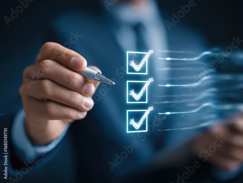 Professional businessman approving tax checklist with stylus on digital screen, managing financial documents, verifying tax filing accuracy, and ensuring compliance during electronic return season