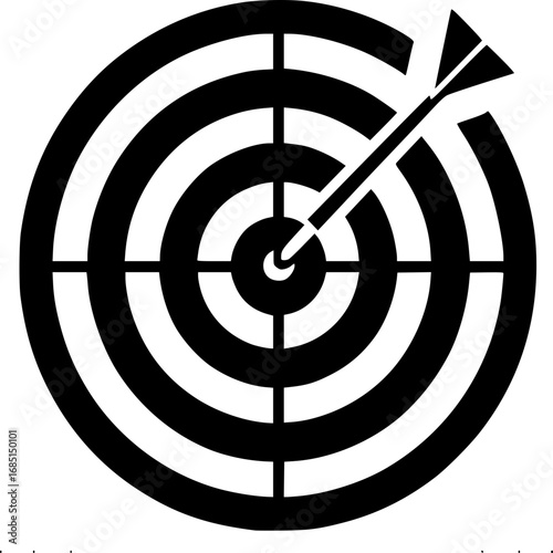 Precision Strike: A close-up graphic of a black and white target with a single arrow piercing its center, symbolizing the essence of precise aiming and reaching the bullseye
