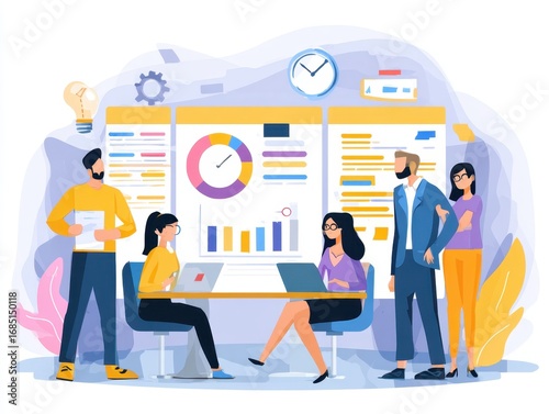 Project management and teamwork planning concept. Team collaborating on workflow, setting tasks and goals, analyzing performance data, and improving productivity effective strategy and analysis