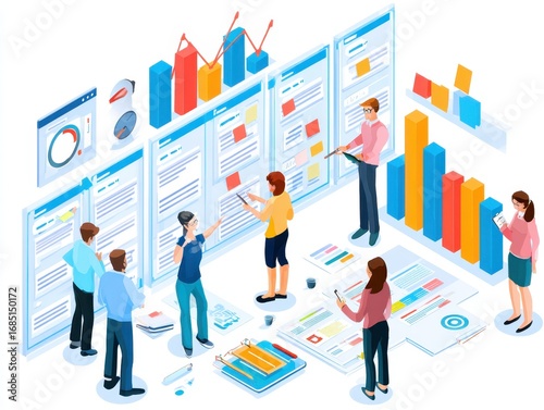 Project management and teamwork planning concept. Team collaborating on workflow, setting tasks and goals, analyzing performance data, and improving productivity effective strategy and analysis