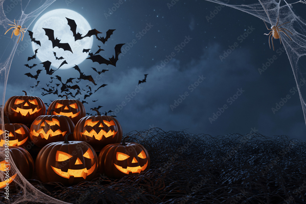 Fototapeta premium Spooky Halloween night scene with pumpkins, spiders and copy space.