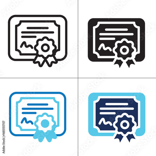 Certificate icon multiple style collection. Style include outline, solid, dual tone. Vector Illustration.