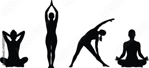 Vector illustration of women practicing different yoga poses silhouettes for meditation, relaxation, stretching, mindfulness, fitness, wellness, calm, and healthy lifestyle