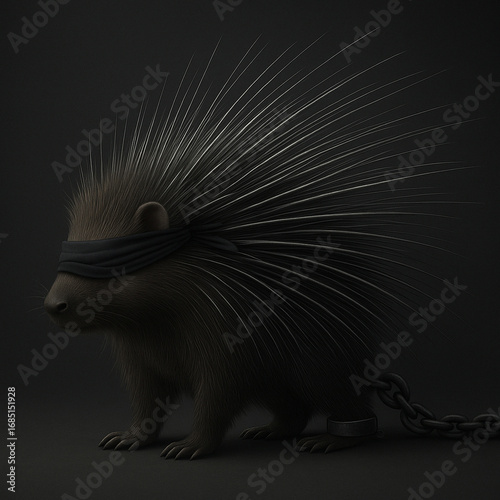 Stylized 3D illustration of a steel porcupine with blindfolded eyes, shackles on its legs, and a chain. Dark concept art.