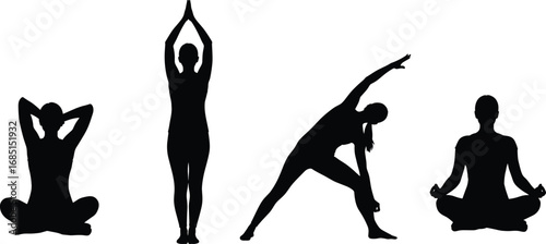Vector illustration of diverse yoga poses silhouette for meditation, relaxation, stretching, mindfulness, fitness, wellness, calm, and healthy lifestyle concepts