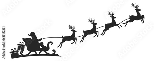 Illustration of Santa Claus flying in a sleigh pulled by four reindeer, symbols of Christmas happiness, warmth, and joy during the holiday season