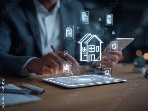 Real Estate Management, Professional Using Digital Technology and Online Tools for Property Analysis and Checklist in a Modern Workspace.