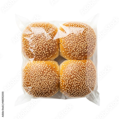 Photo of four sesame seed hamburger buns in a plastic bag, isolated on transparent background